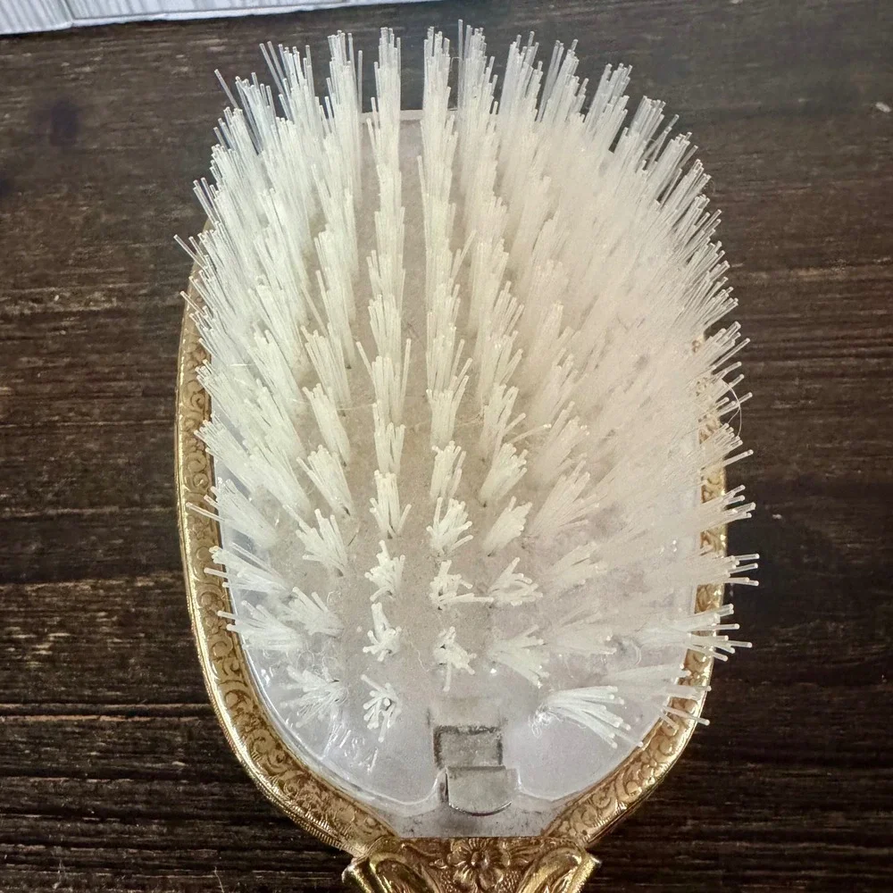 Vintage Gold Floral Hairbrush Rose Wreath Filigree Hollywood Regency Vanity MCM